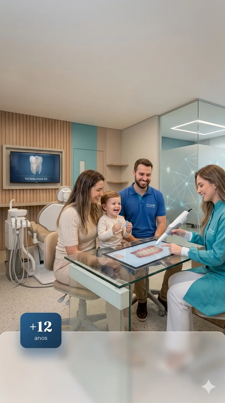 Família sorrindo em ambiente odontológico